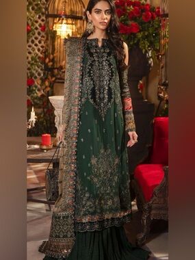 Embroidered Dark Green Formal Women's Dress shoulder covered long shirt e chunri